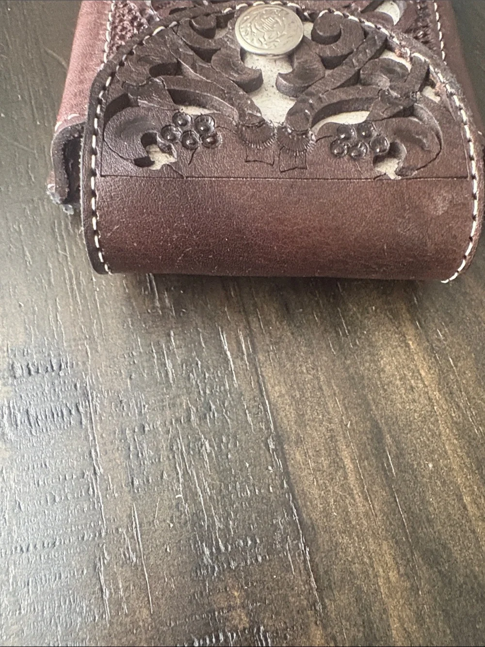 Handcrafted Tooled Leather Phone Sleeve in Rich Brown